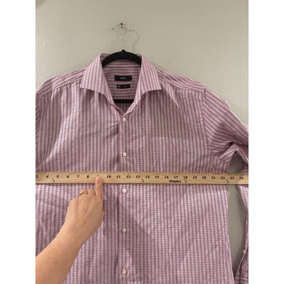 BOSS slim-fit shirt in checked performance-stretch Travel21material pink SZE 17 - Picture 3 of 8